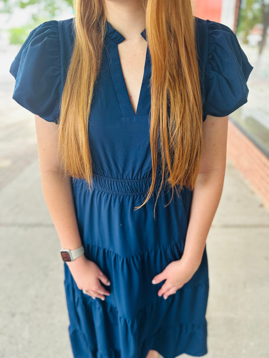 Navy Cinch Waist Puff Slv Dress