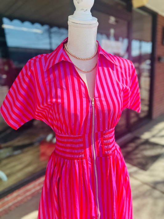 Pink/Red Striped Zip Midi Front Dress