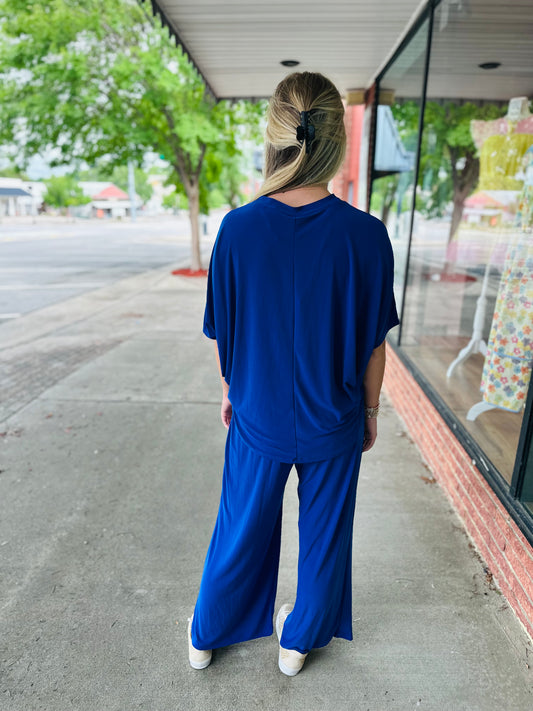 Royal Blue Flowy Top And Pant Set