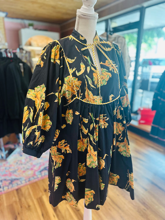 Black floral tie neck dress