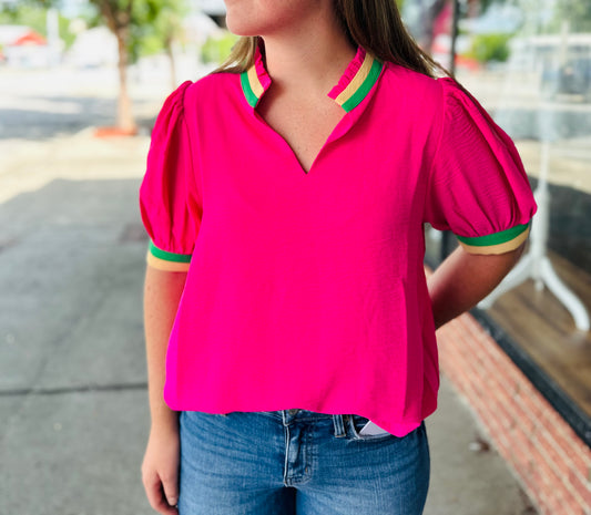 Hot pink collared vneck top