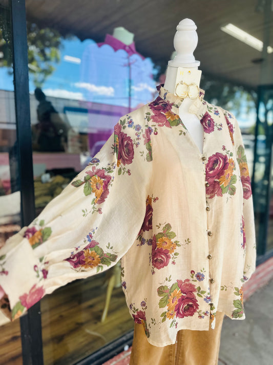 Ecru Floral Button Up Top