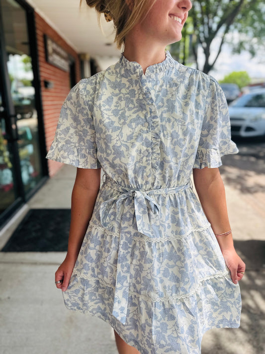 Ivory Blue Floral Mini Dress