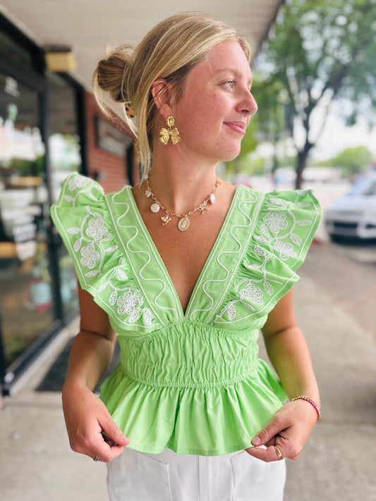 Pistachio Embroidery Ruffle Top