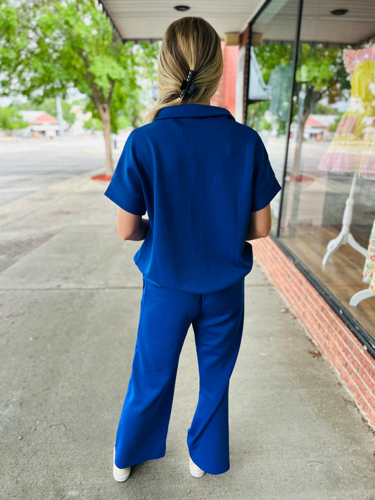 Royal Blue Short Sleeve Quarter Zip Pant Set