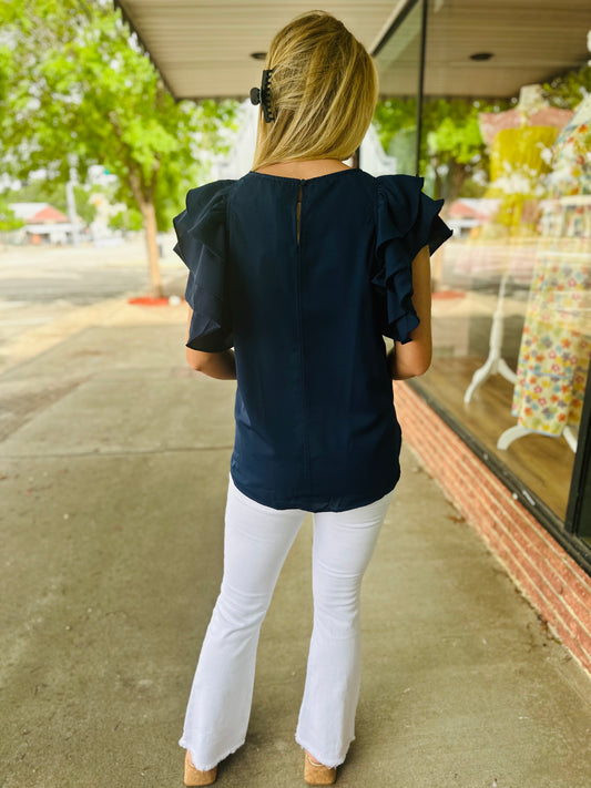 Navy Ruffle Sleeve Top
