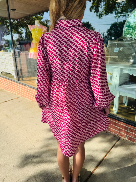 Magenta Puff Long Sleeve Mini Dress