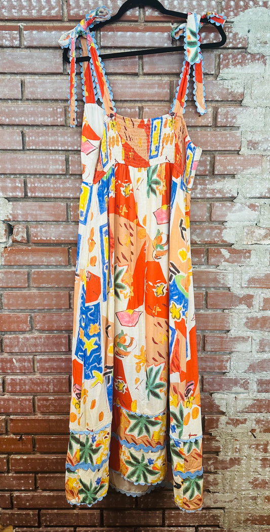 Summer print tie strap dress- Large