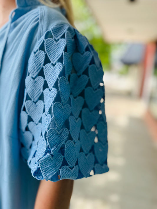 Baby Blue Puff Slv Tie Neck Top