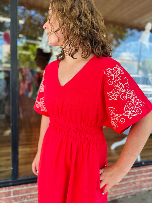 Red with white detail midi dress