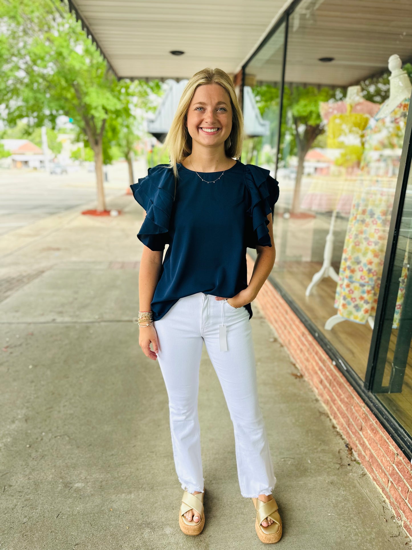 Navy Ruffle Sleeve Top