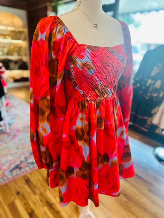 Red/brown smocked mini dress