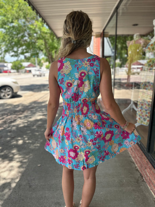 Aqua Floral Sleeveless Dress