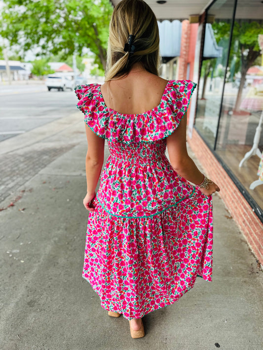 Pink Mint Trim Ruffle Midi Dress