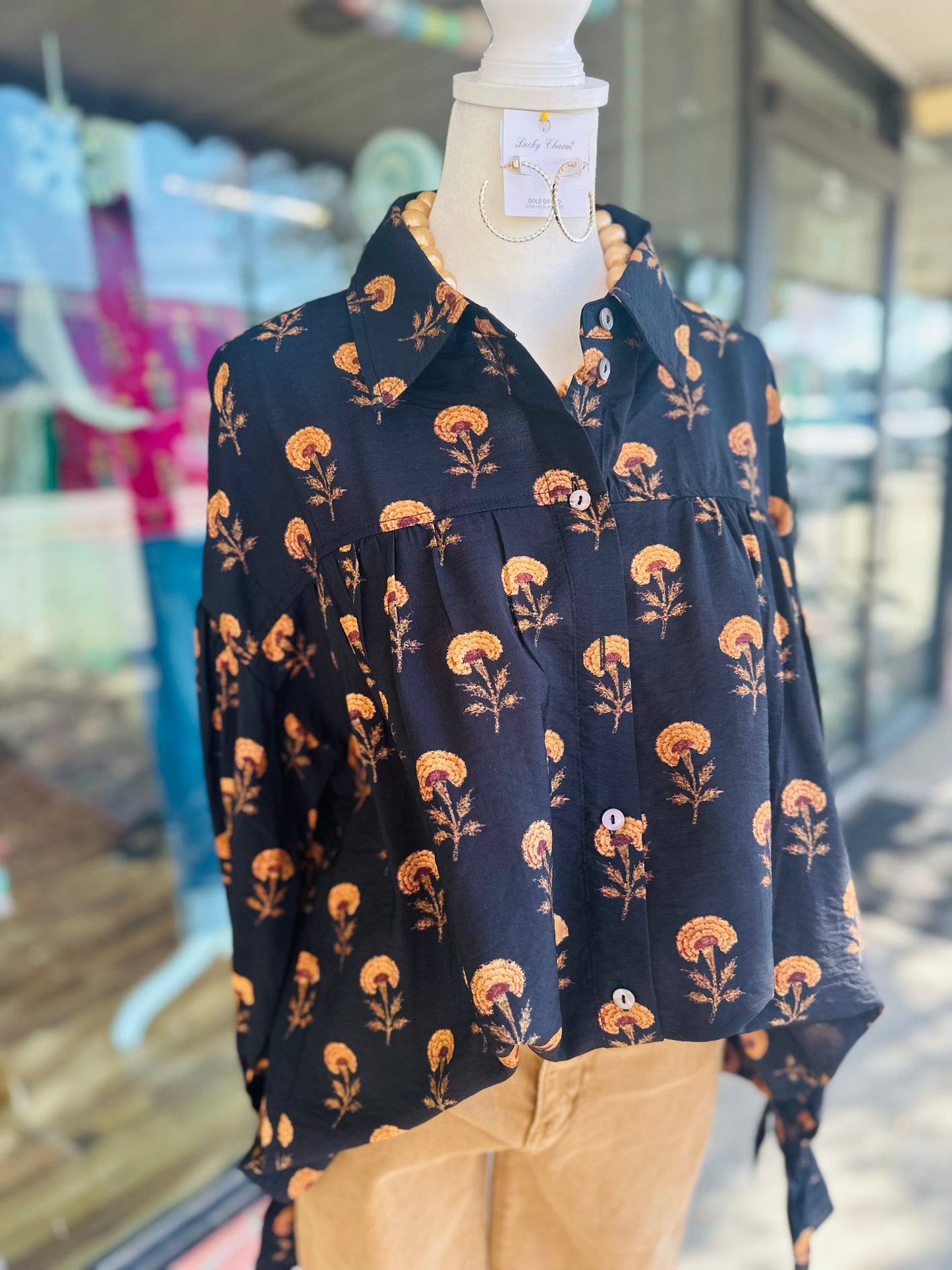 Black/Brown Floral Button Up Top