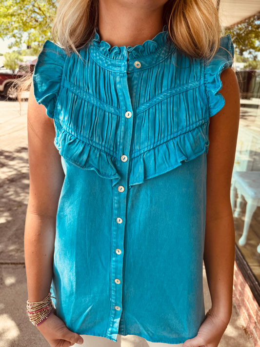 Blue Button Up Ruffle Top
