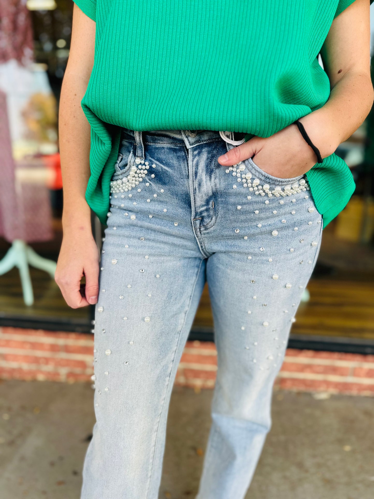 High Rise Pearl & Rhinestone Jeans
