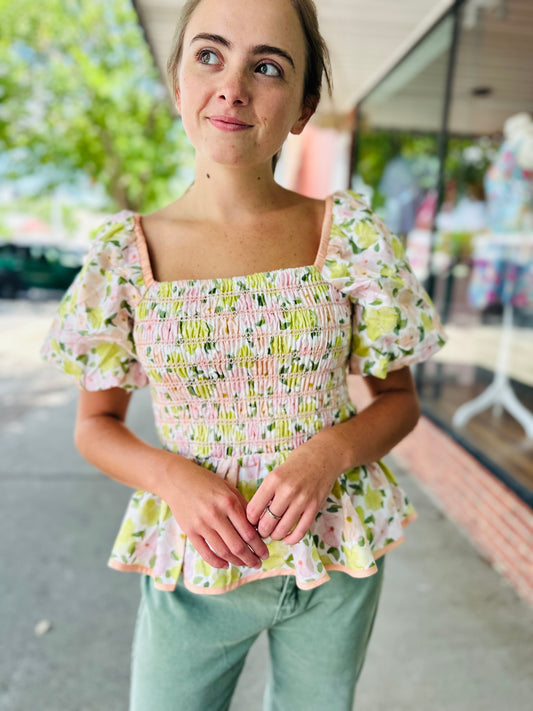 Coral Multi Floral Print Smocked Top