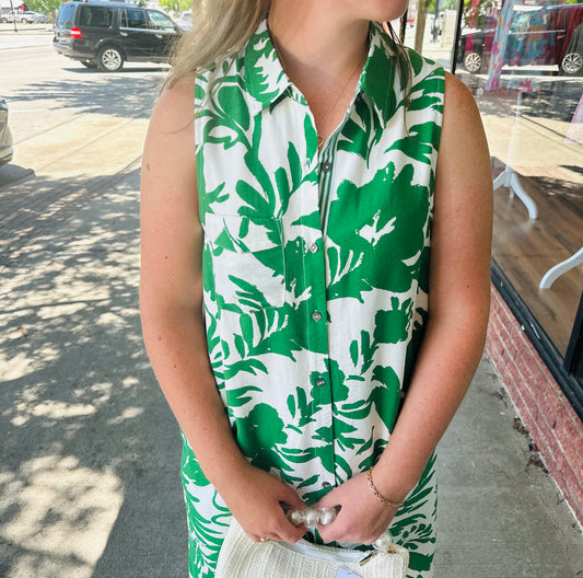 Green Floral Button Up Sleeveless Midi Dress