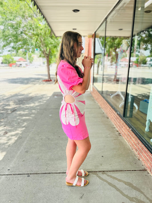 Pink/off white side cut out flower mini dress