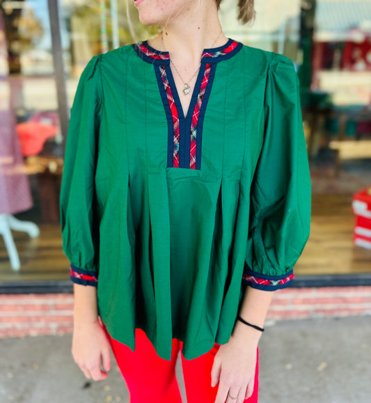 Green w/ Plaid Trim Quarter Sleeve