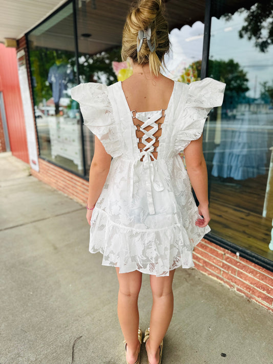 White Floral Ruffle Sleeve Mini Dress