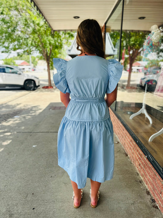 Chambray flutter sleeve poplin midi dress
