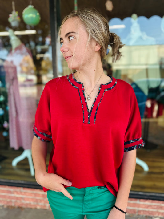Red w/ Plaid Trim Short Sleeve