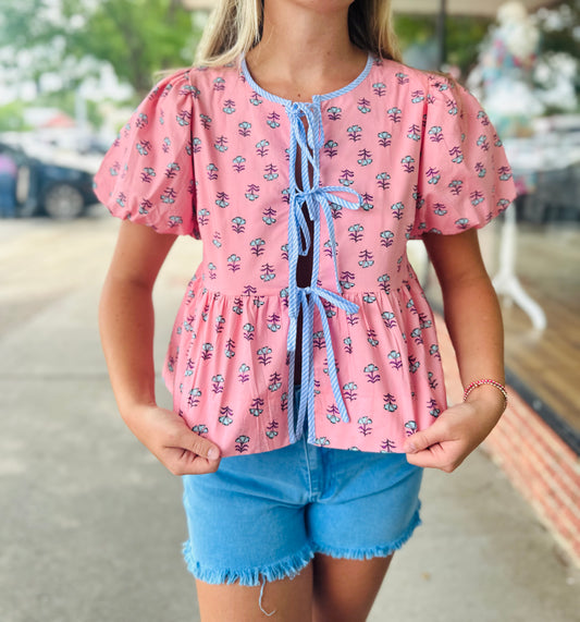Dusty Pink Tie Front Bubble Sleeve Top