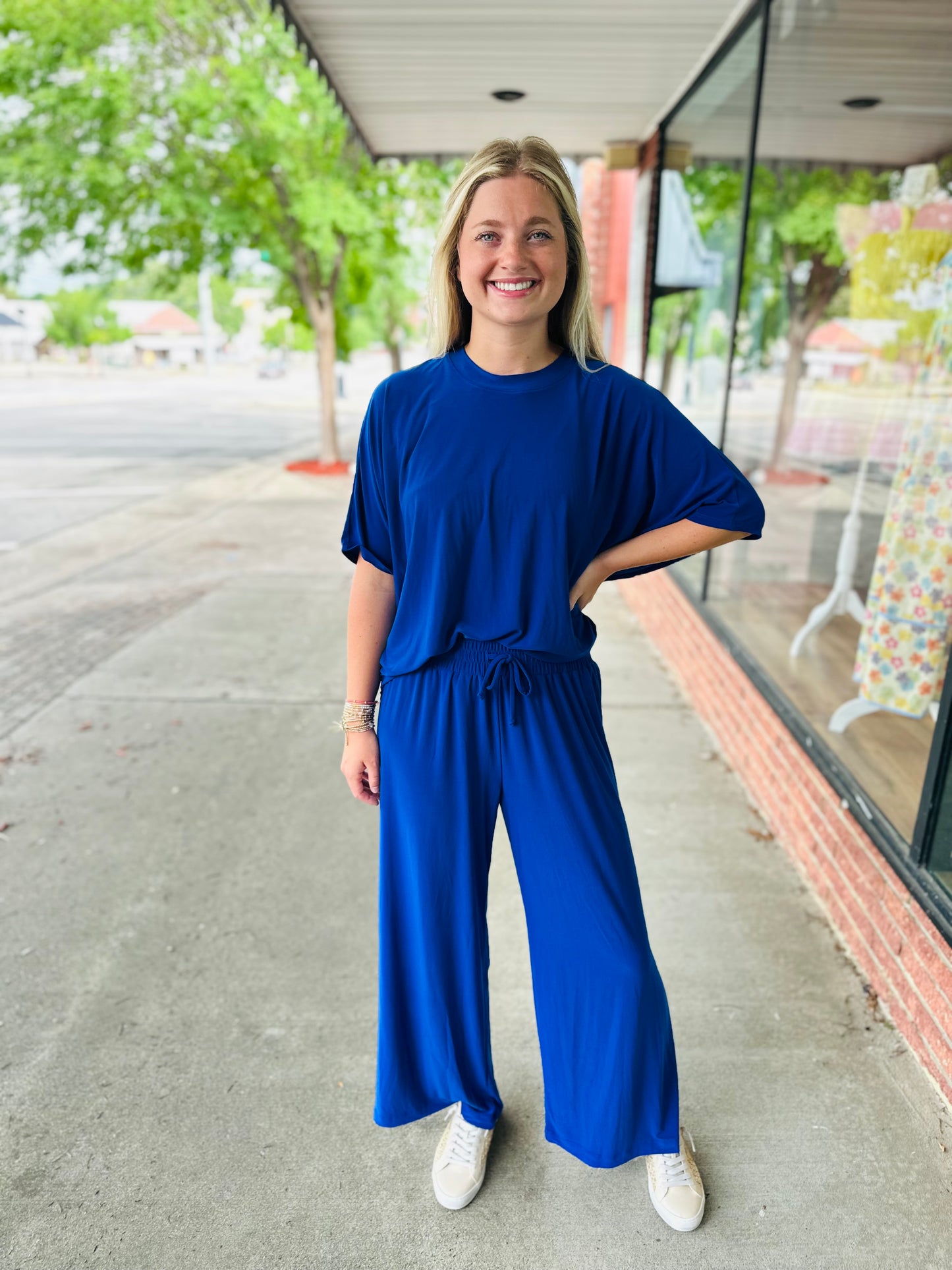 Royal Blue Flowy Top And Pant Set