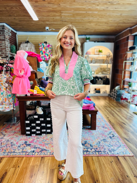 Floral Pattern Trim Collar Top