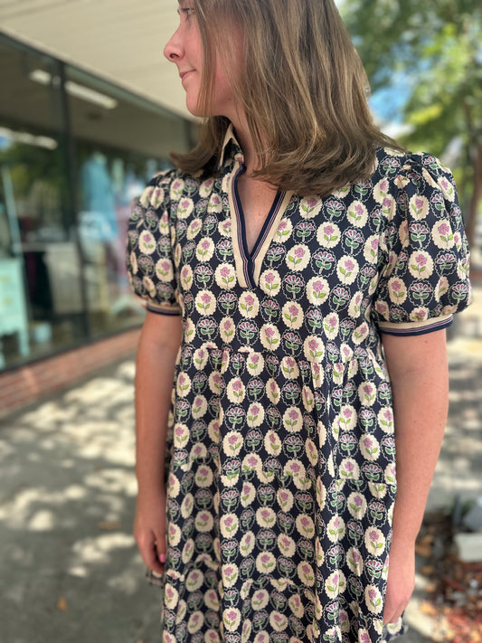 Navy/Tan/Pink Trim Dress