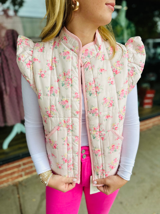 Pink Floral Ruffle Slv Vest