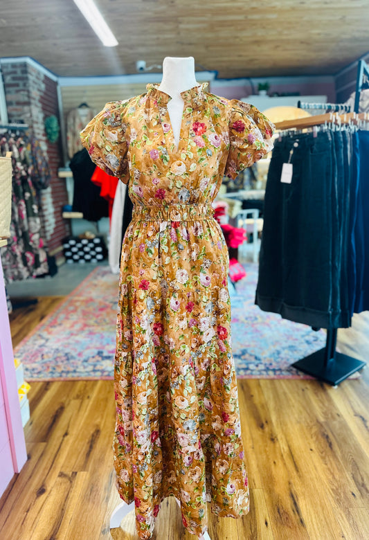 Terra Cotta Floral Cinched Dress