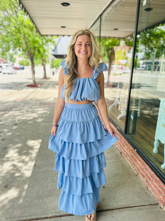 Blue Two Piece Tiered Skirt Set