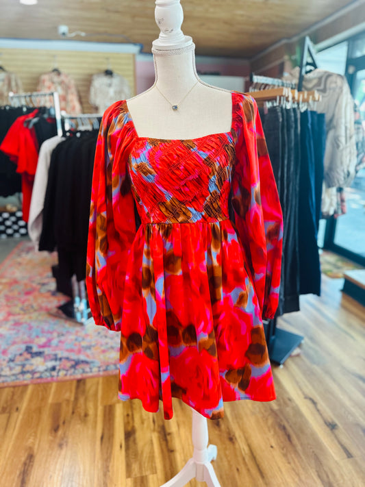 Red/brown smocked mini dress