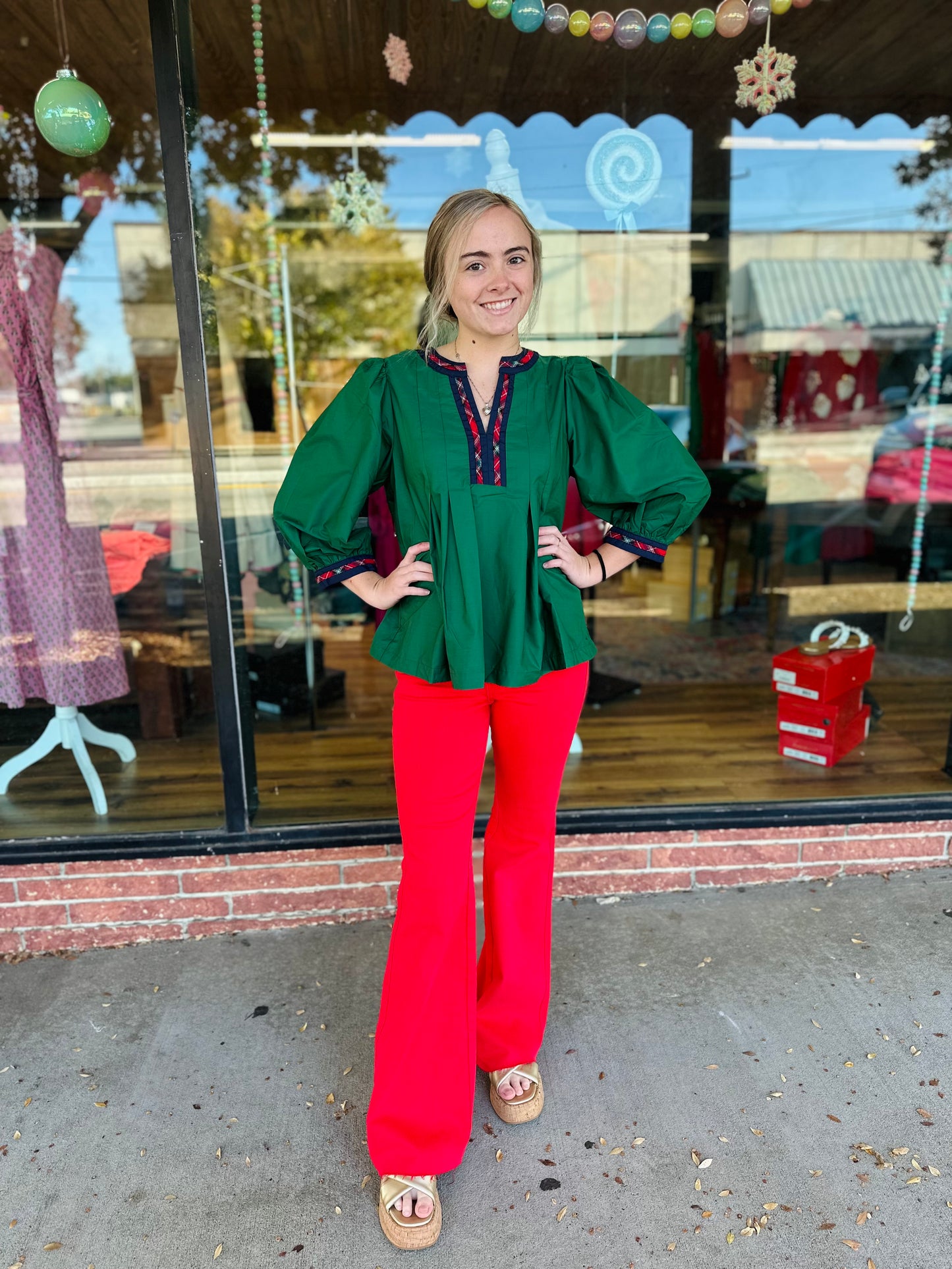 Green w/ Plaid Trim Quarter Sleeve