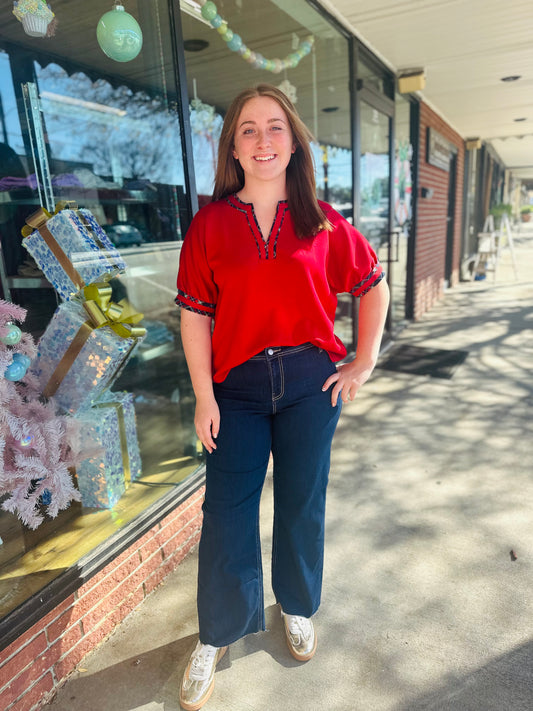 Red w/ Plaid Trim Short Sleeve