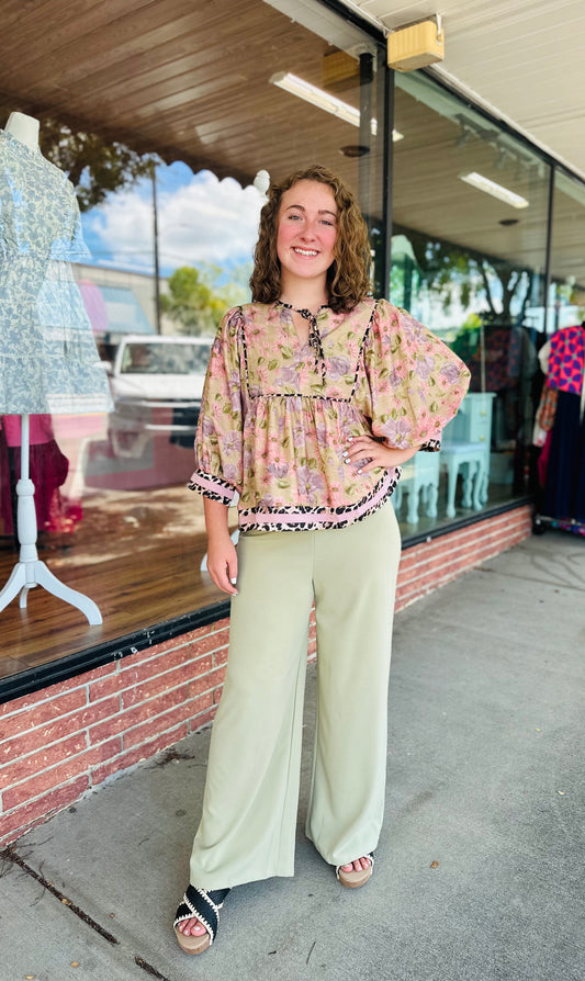 Animal print trim camel top