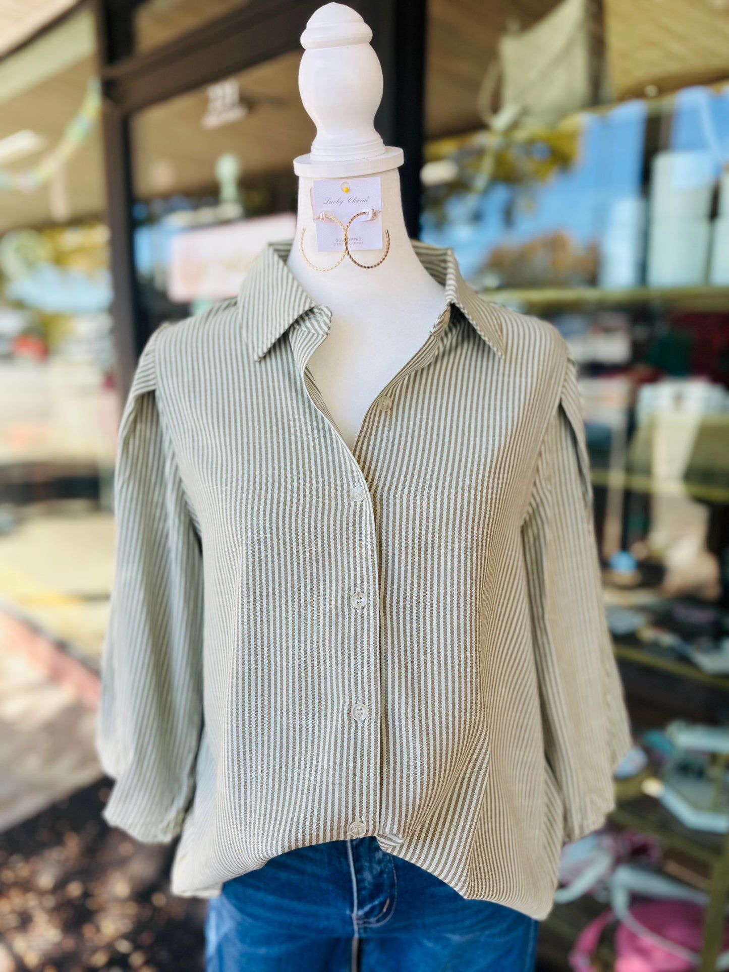 Mint Striped Puff Sleeve Top