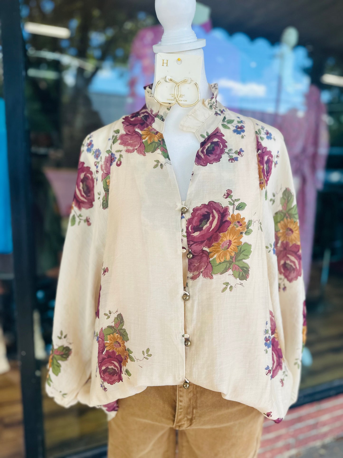 Ecru Floral Button Up Top