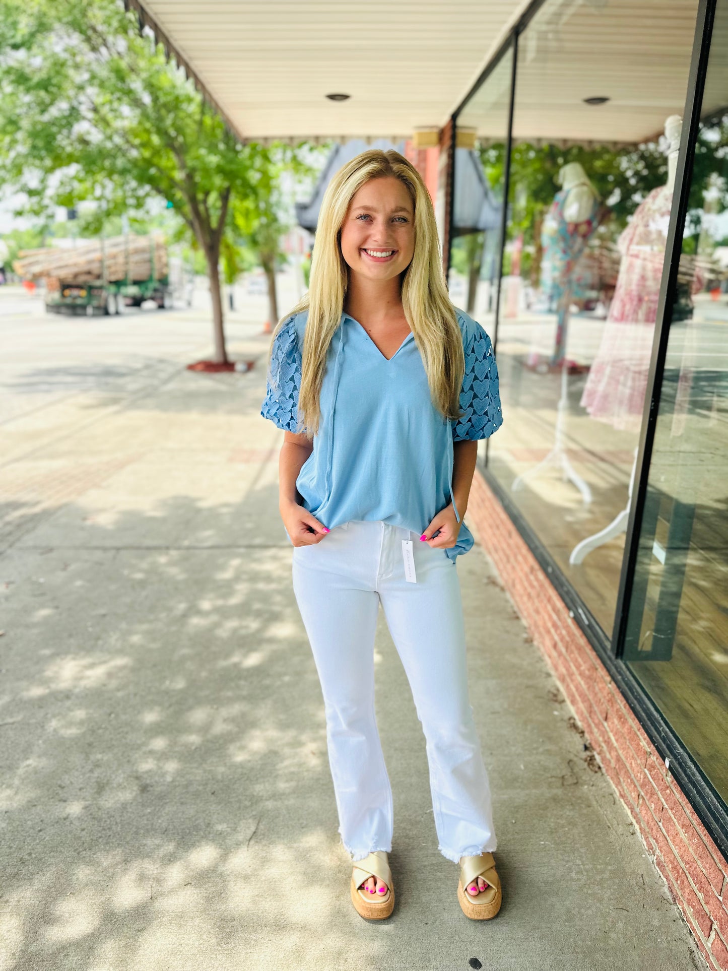 Baby Blue Puff Slv Tie Neck Top