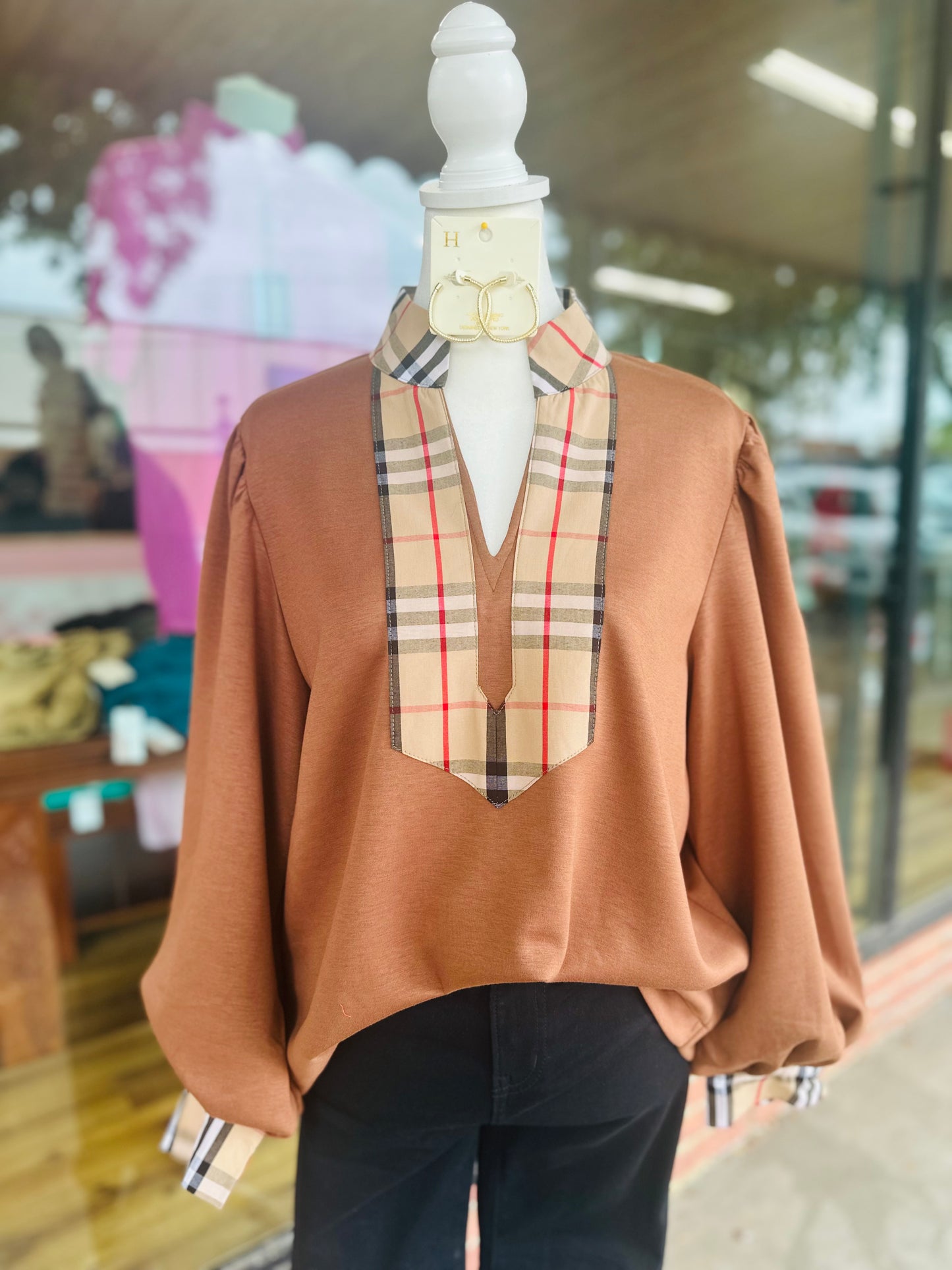 Brown Plaid Trim Top