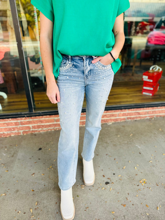 High Rise Pearl & Rhinestone Jeans