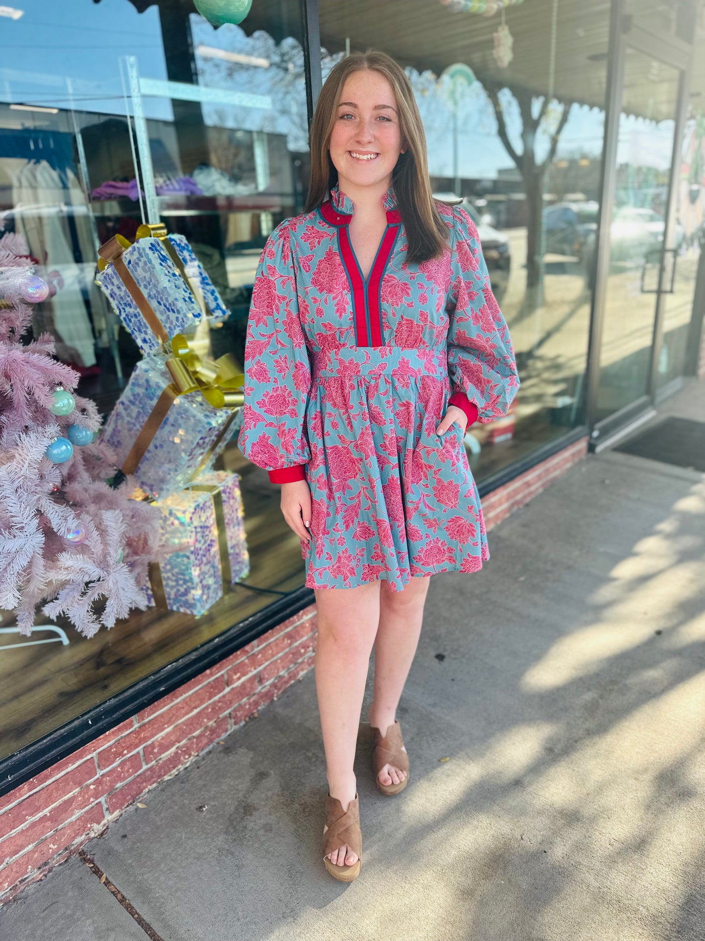 Blue Long Sleeve Puff Dress