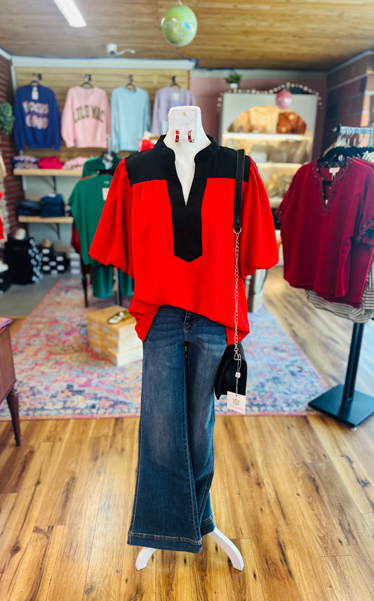 Red/Black Puff Sleeve Top