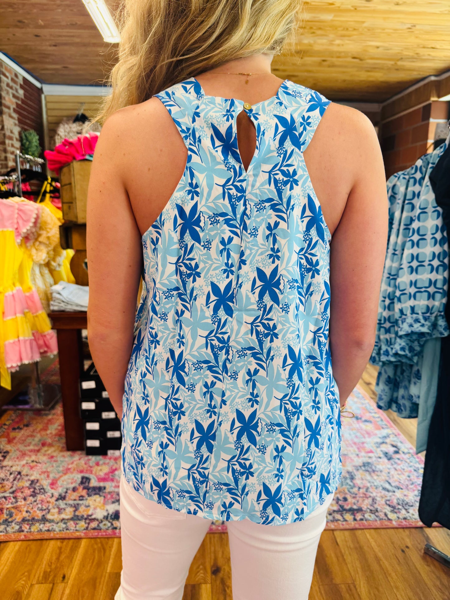 Blue Sleeve Less Floral Top