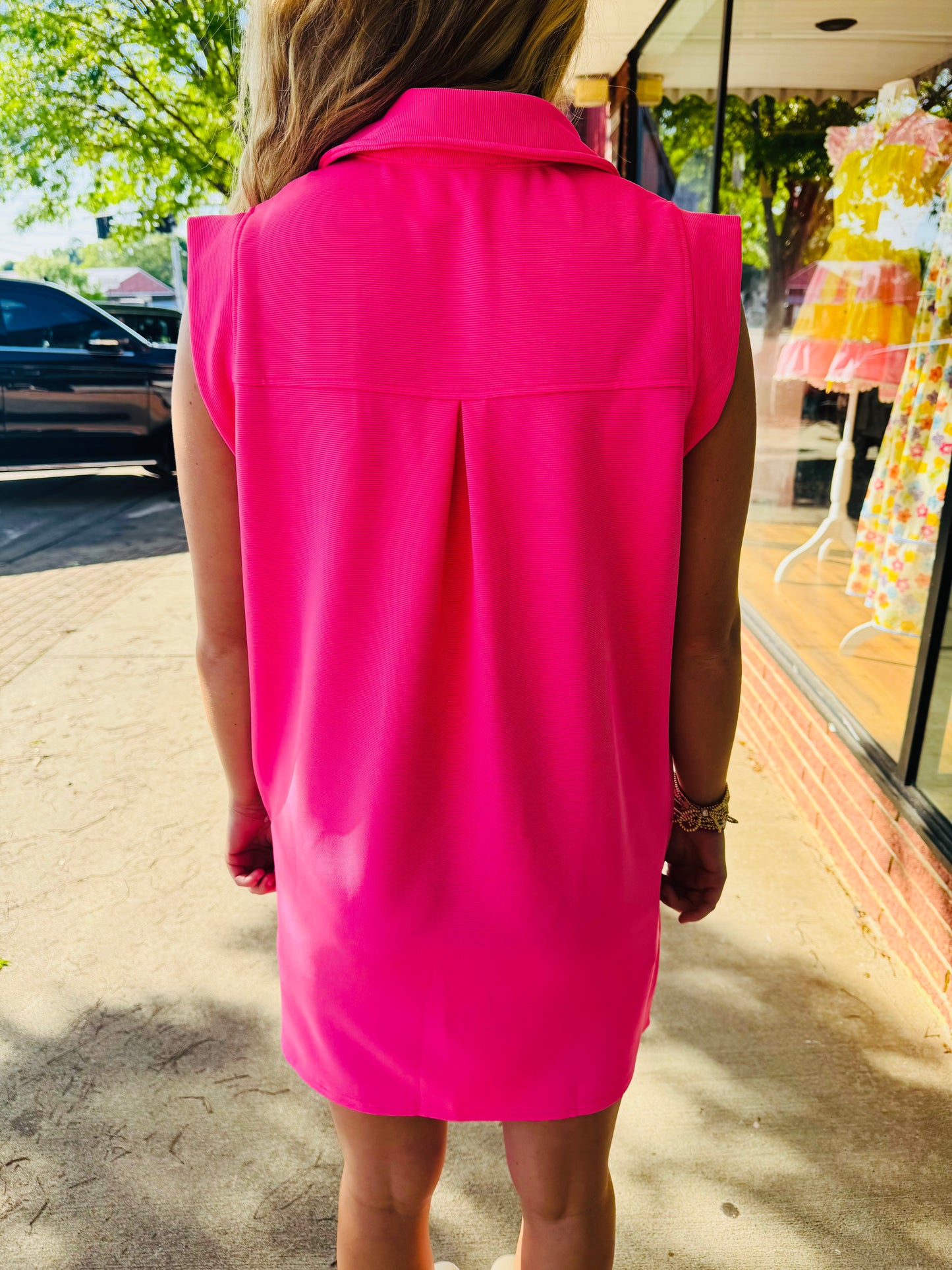 Candy Pink Ribbed Sleeveless Summer Dress