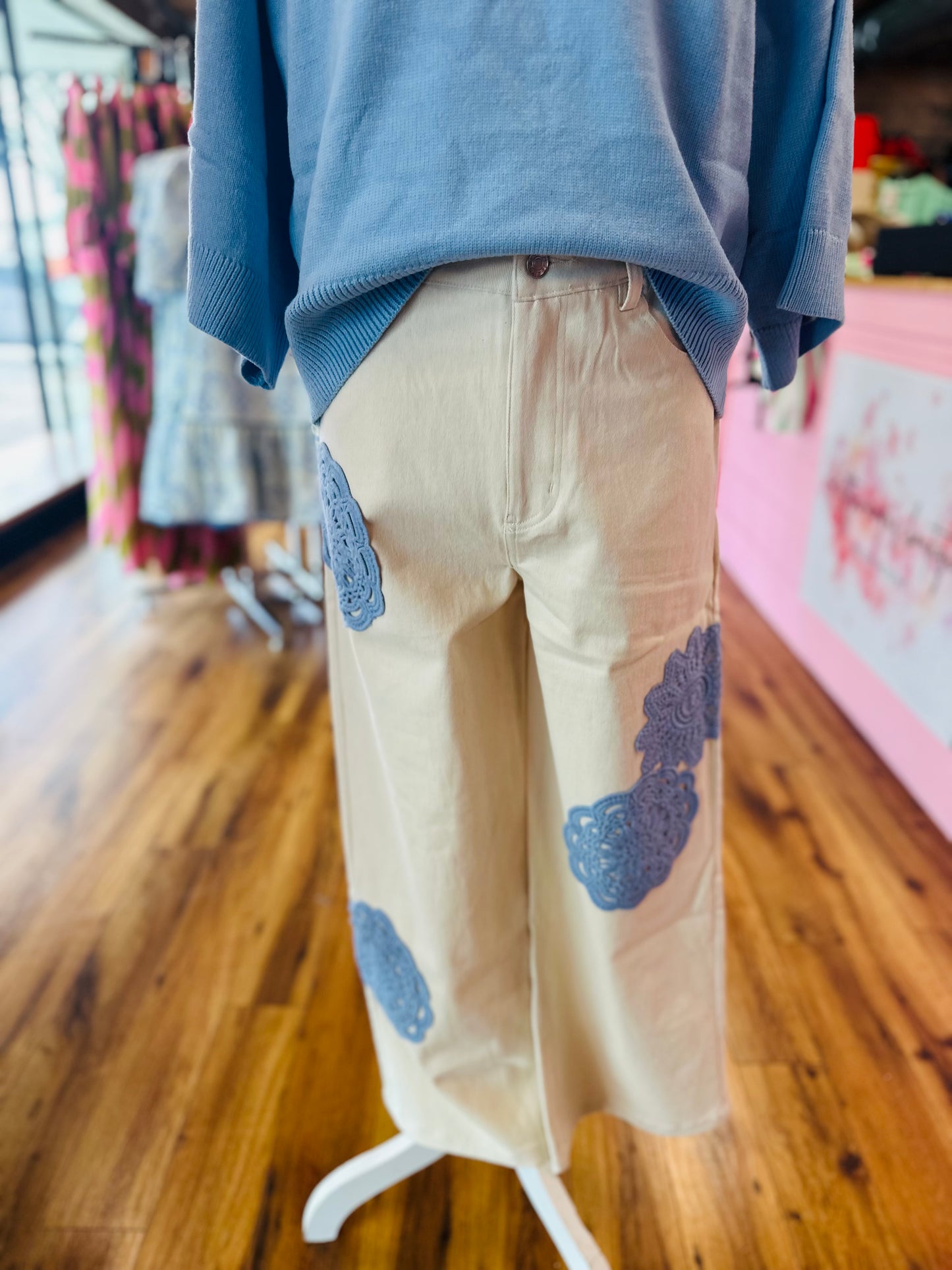 Cream w/ Blue Crocheted Detail Jeans