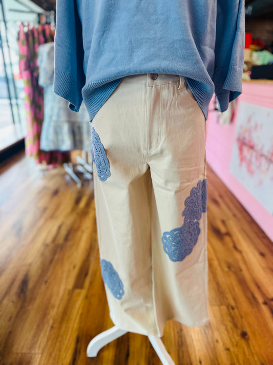Cream w/ Blue Crocheted Detail Jeans